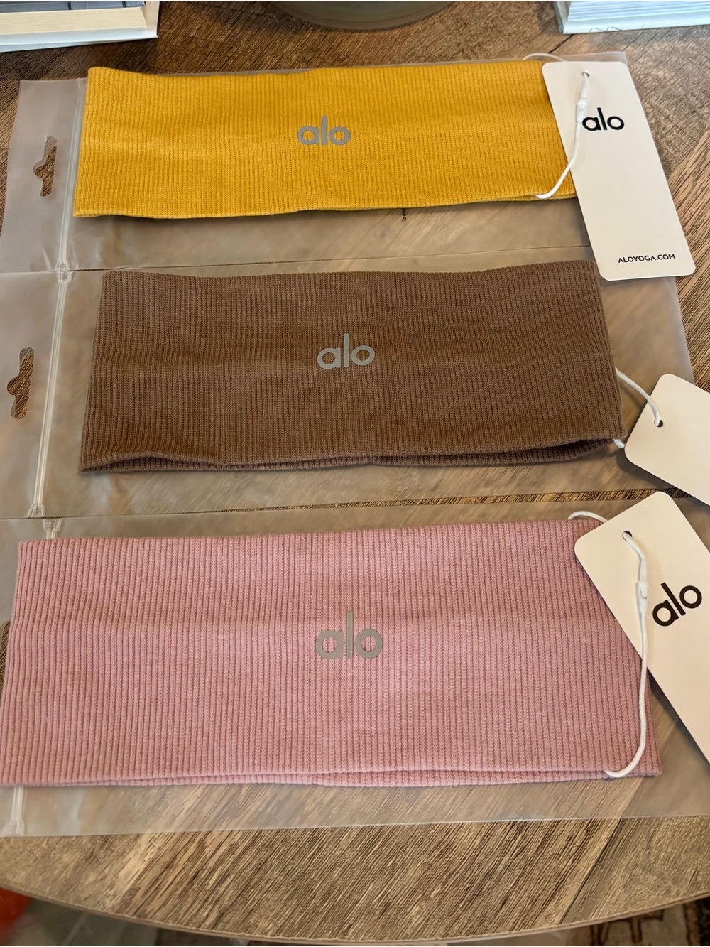 Alo Yoga Ribbed Headbands Set of 3 Yellow, Brown, Pink